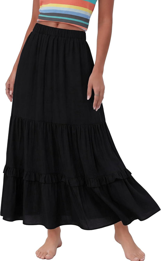 Annebouti 2026 Spring Summer Elastic Waisted Ruffle Long Skirt Flowy Tiered A-Line Maxi Skirts for Women