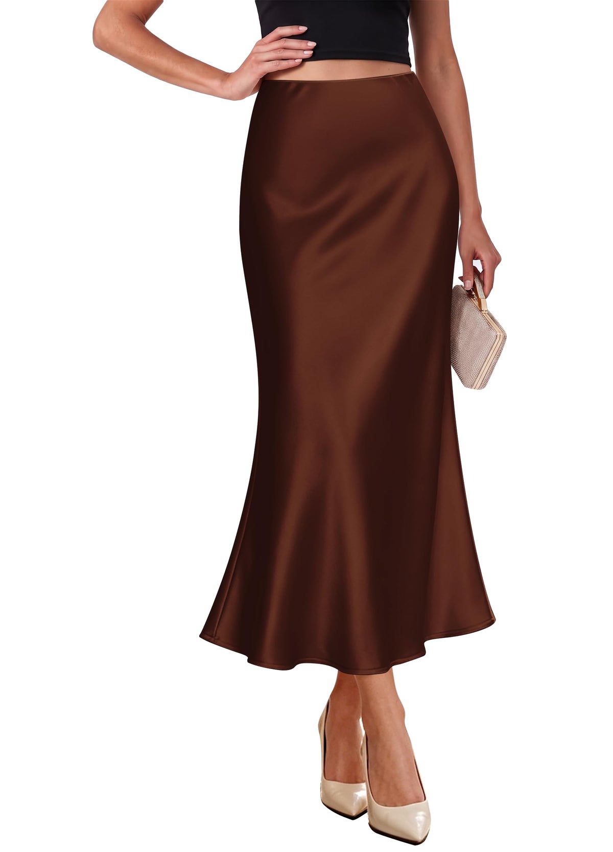 OFEEFAN Stain Skirts for Women Elegant High Waist Cocktail Party Midi Skirt