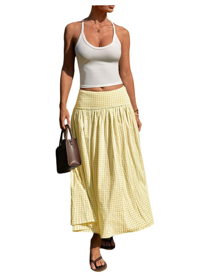 MakeMeChic Women's Plaid Gingham Maxi Skirt Low Waist Flowy Long Skirts