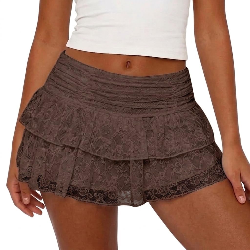 Women Lace Ruffle Mini Skirt with Lined Shorts A Line Layered Short Skirt Skort