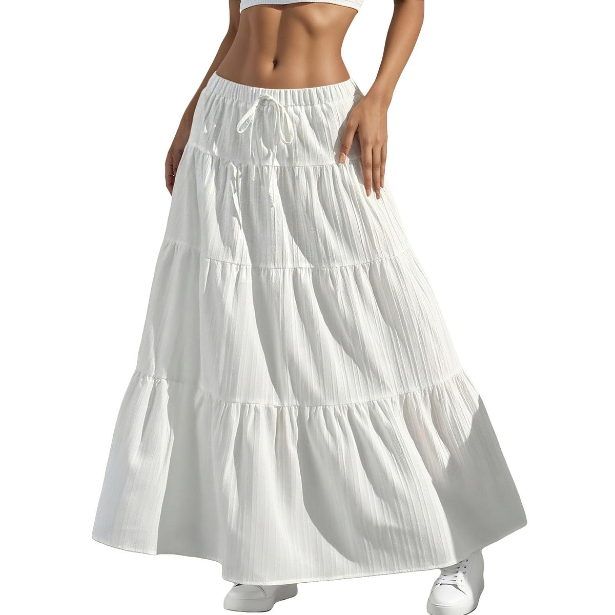 Women's White Maxi Skirt Summer Boho Long Flowy Pleated Tiered High Waist A-Line Flared Skirts