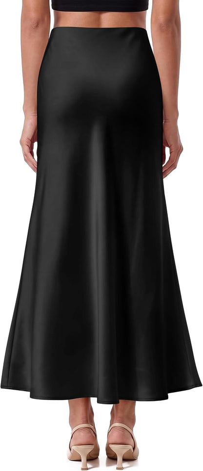 OFEEFAN Stain Skirts for Women Elegant High Waist Cocktail Party Midi Skirt