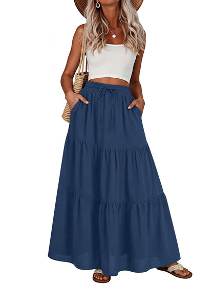 Addtoo Womens Maxi Skirt Pleated Tiered A-Line Elastic Waist Midi Skirt