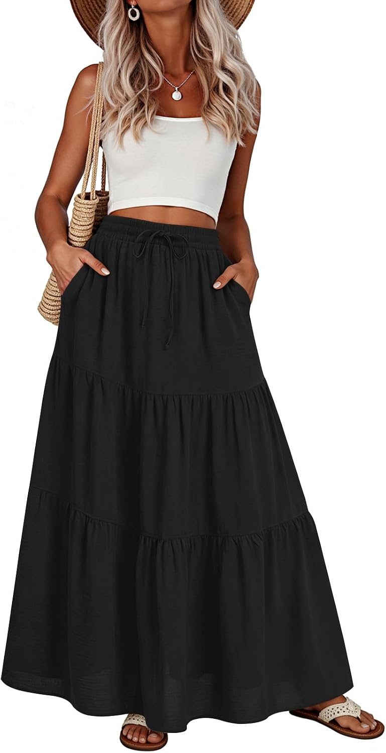 Addtoo Womens Maxi Skirt Pleated Tiered A-Line Elastic Waist Midi Skirt