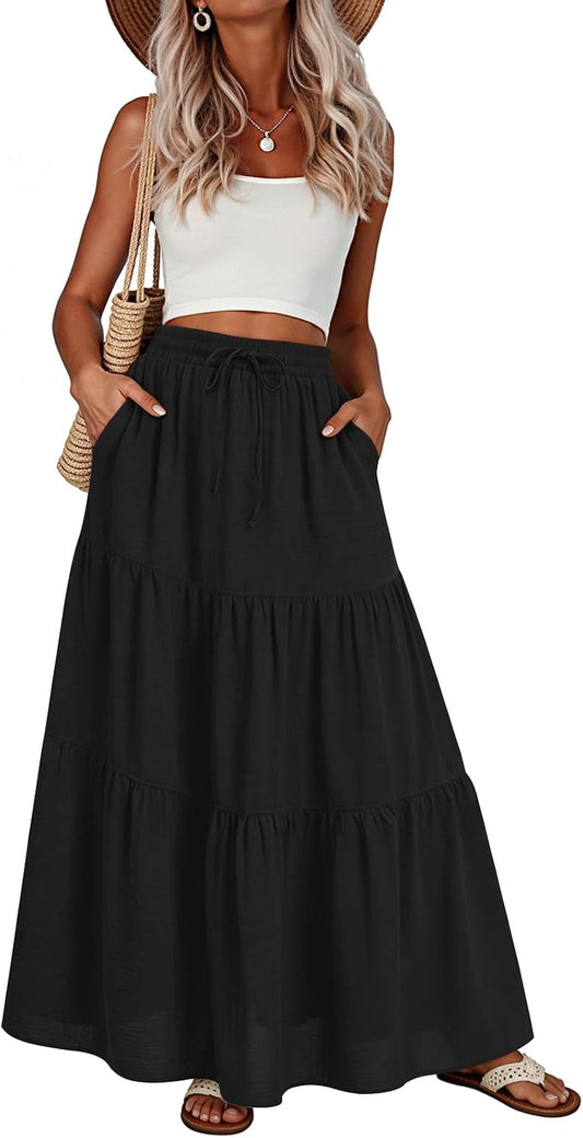 Addtoo Womens Maxi Skirt Pleated Tiered A-Line Elastic Waist Midi Skirt