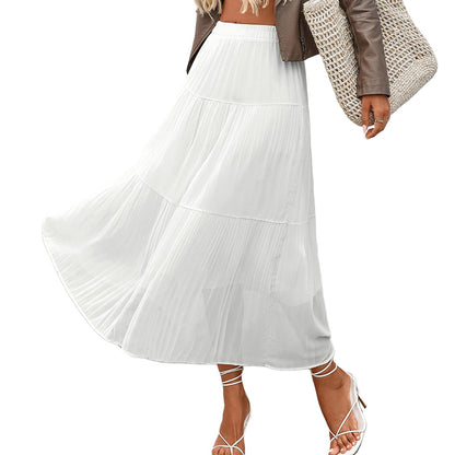 Women's White Maxi Skirt Summer Boho Long Flowy Pleated Tiered High Waist A-Line Flared Skirts
