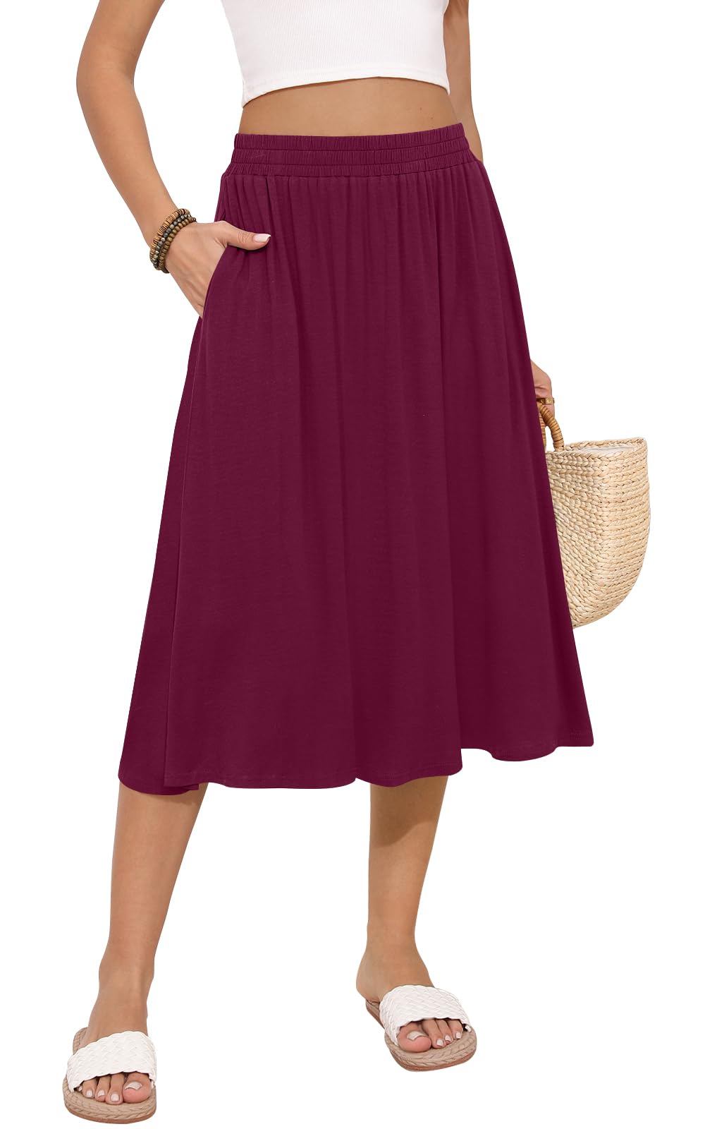 MLXSJ Women's Midi Skirt Summer Flowy Casual Skirts with Pockets S-3XL