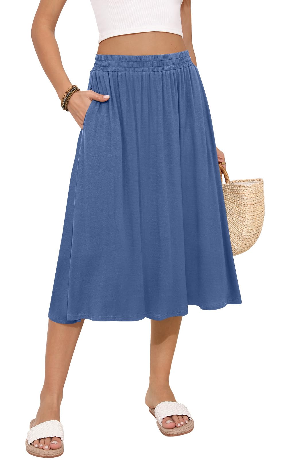 MLXSJ Women's Midi Skirt Summer Flowy Casual Skirts with Pockets S-3XL