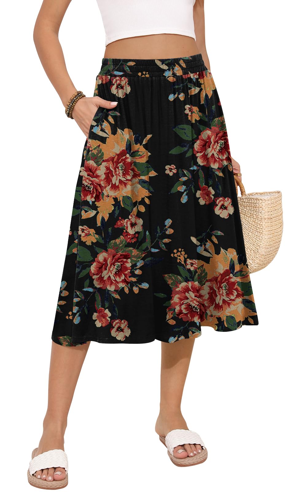 MLXSJ Women's Midi Skirt Summer Flowy Casual Skirts with Pockets S-3XL