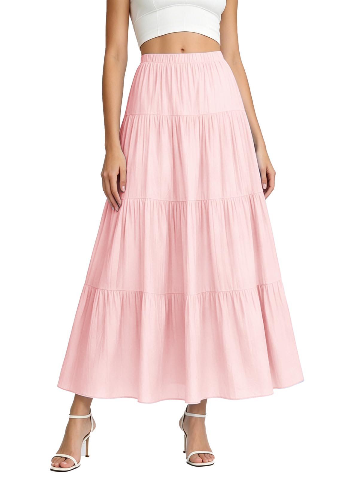 Women's White Maxi Skirt Summer Boho Long Flowy Pleated Tiered High Waist A-Line Flared Skirts