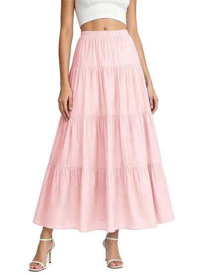 Women's White Maxi Skirt Summer Boho Long Flowy Pleated Tiered High Waist A-Line Flared Skirts