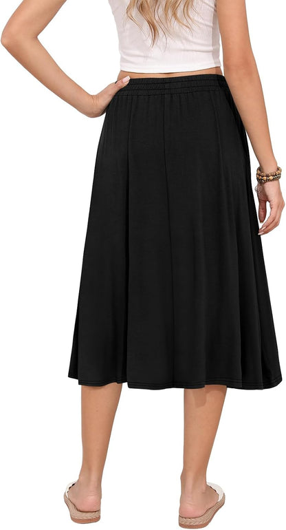 MLXSJ Women's Midi Skirt Summer Flowy Casual Skirts with Pockets S-3XL