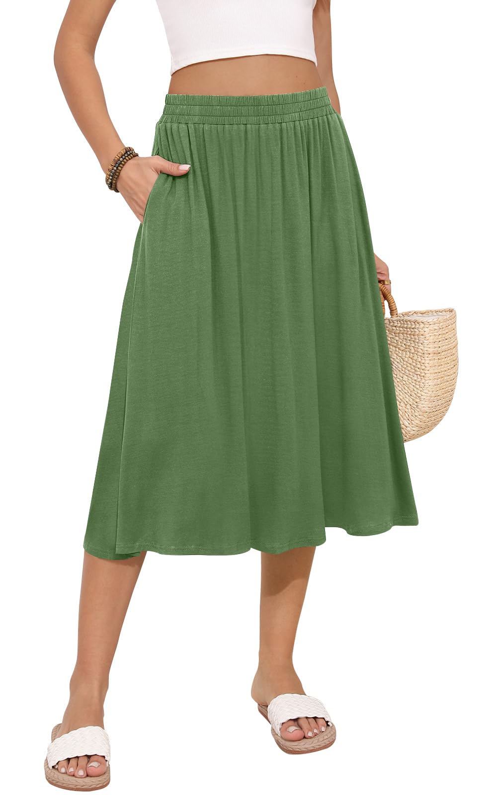 MLXSJ Women's Midi Skirt Summer Flowy Casual Skirts with Pockets S-3XL