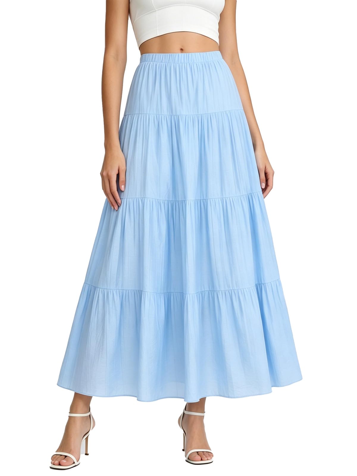 Women's White Maxi Skirt Summer Boho Long Flowy Pleated Tiered High Waist A-Line Flared Skirts