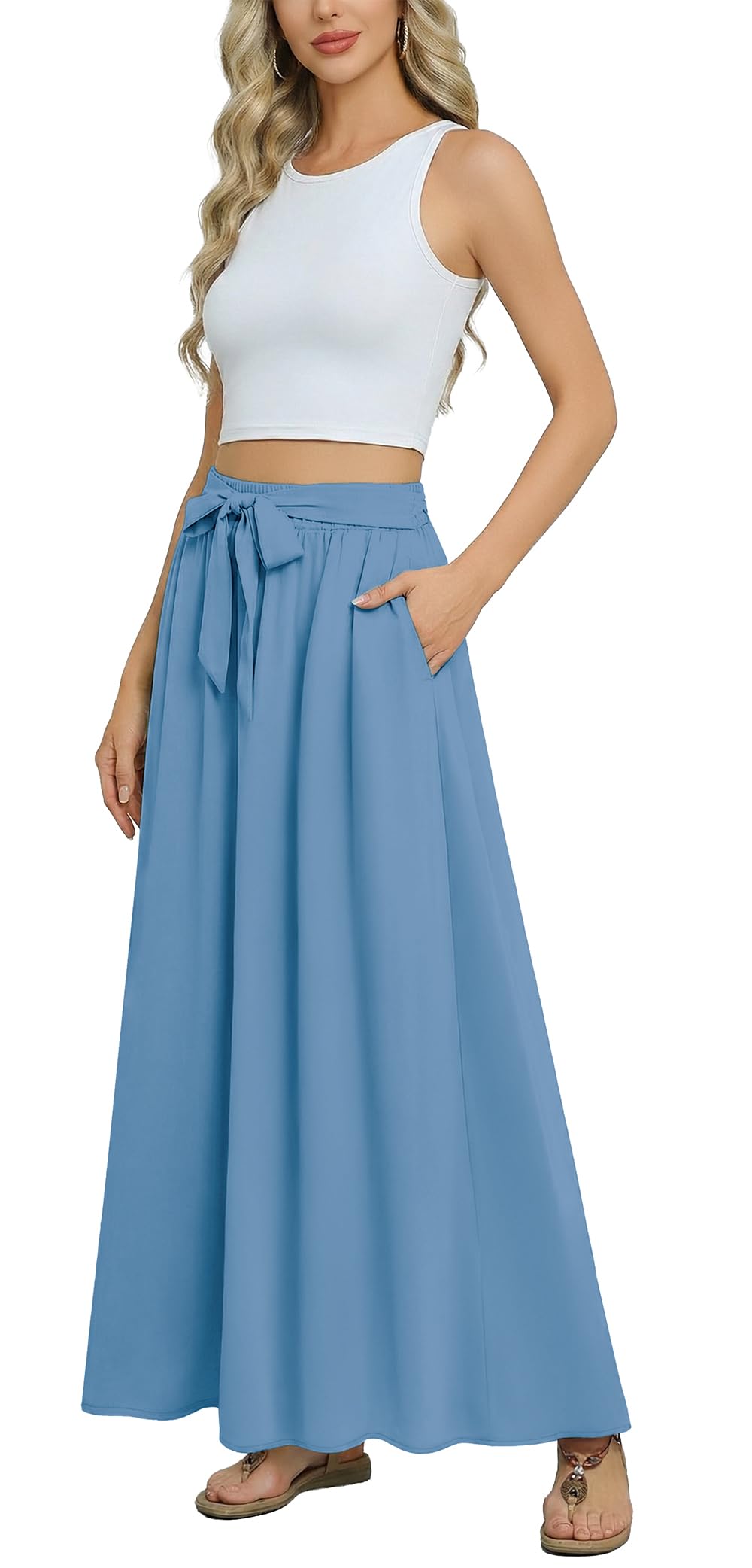 Askyes Womens Maxi Skirt Summer Trendy Tie Knot Elastic High Waisted Boho Casual Beach Flowy Swing Long Skirts with Pockets