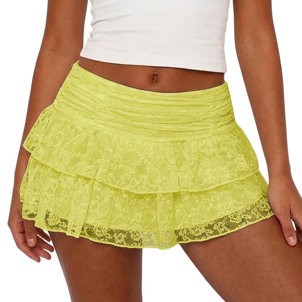 Women Lace Ruffle Mini Skirt with Lined Shorts A Line Layered Short Skirt Skort