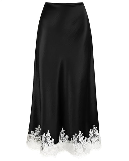 VividMosaic Lace Trim Satin Midi Skirt High Waisted Long Skirt for Women