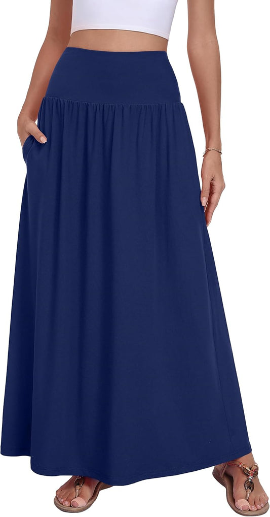 QUEZHU Women Maxi Long Skirts Casual A-line Elastic High Waist Flowy Skirt
