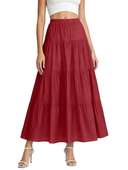 Women's White Maxi Skirt Summer Boho Long Flowy Pleated Tiered High Waist A-Line Flared Skirts