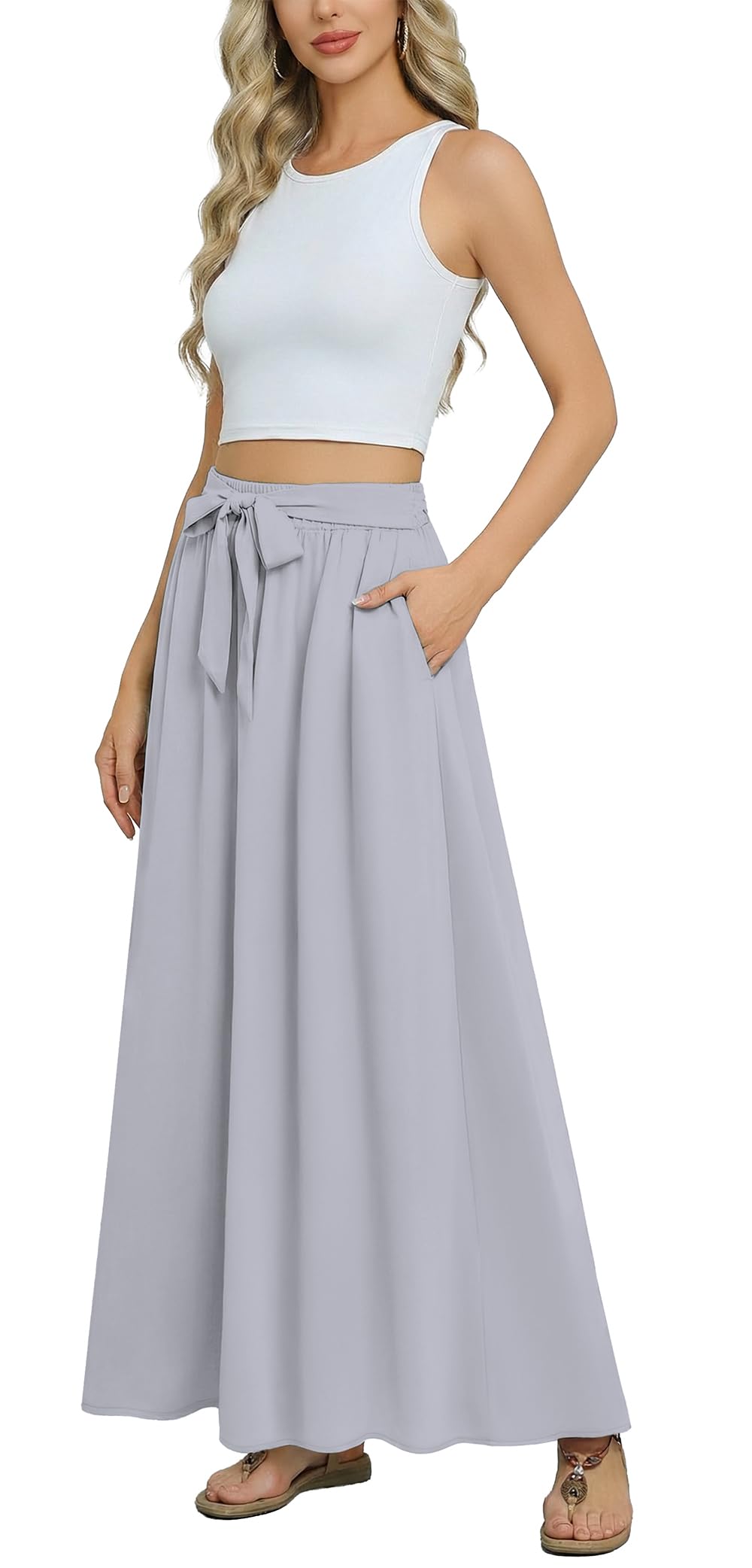 Askyes Womens Maxi Skirt Summer Trendy Tie Knot Elastic High Waisted Boho Casual Beach Flowy Swing Long Skirts with Pockets