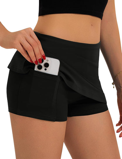 LOMON Women's Low Rise Micro Mini Skirt with Built-in Shorts & Pockets