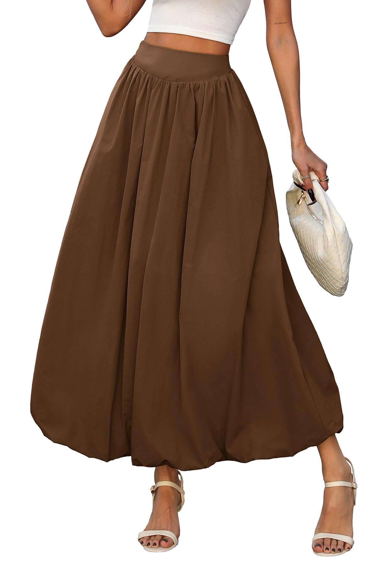 ELLEVEN Women's Bubble Maxi Skirt, Elastic Waist Puffy Hem A-Line Skirts