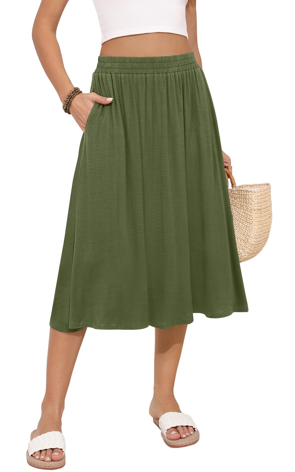 MLXSJ Women's Midi Skirt Summer Flowy Casual Skirts with Pockets S-3XL