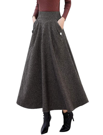 IDEALSANXUN Women’s Fall Winter High Waisted Wool Plaid A-line Long Skirt