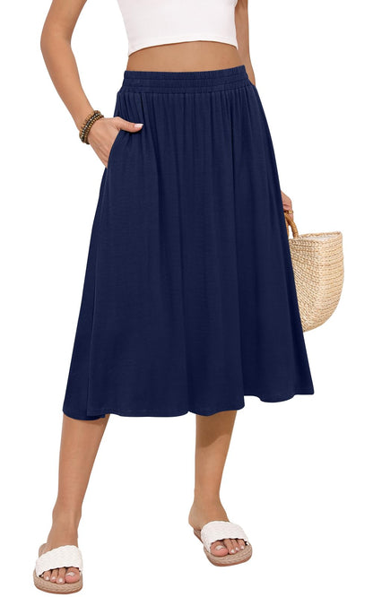 MLXSJ Women's Midi Skirt Summer Flowy Casual Skirts with Pockets S-3XL