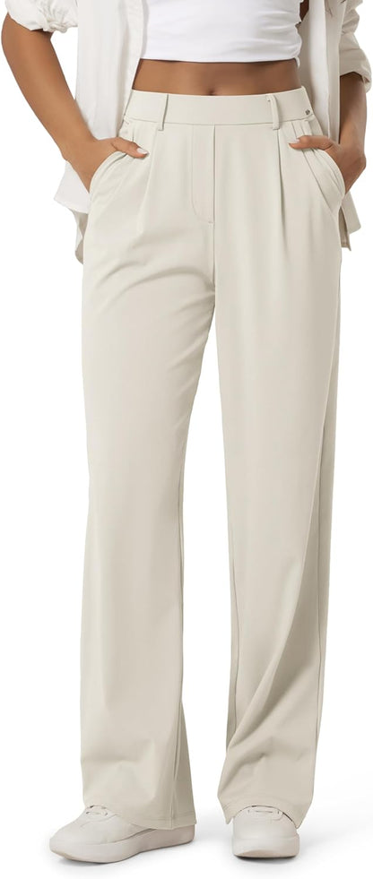 ODODOS Women's High-Rise Wide Leg Trousers, Adjustable Tailored Stretch Work Pants with Pockets, 29" /31" /33" Inseam