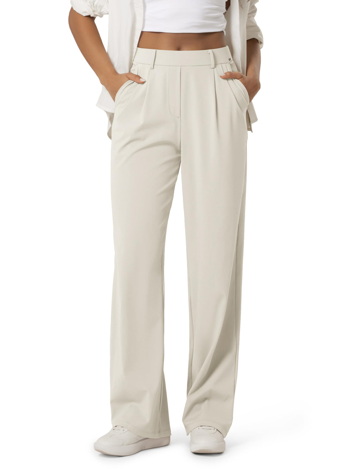 ODODOS Women's High-Rise Wide Leg Trousers, Adjustable Tailored Stretch Work Pants with Pockets, 29" /31" /33" Inseam