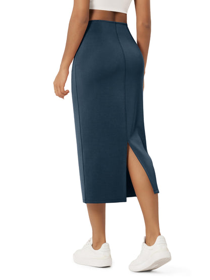 ODODOS Modal Soft Midi Skirt for Women Back Slit High Waist Casual Long Pencil Skirts with Pockets