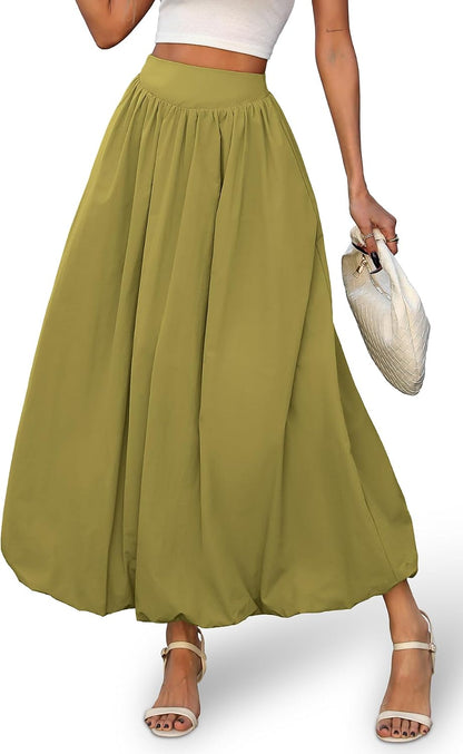 ELLEVEN Women's Bubble Maxi Skirt, Elastic Waist Puffy Hem A-Line Skirts
