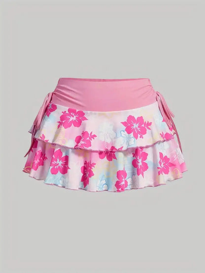 Women's Solid Lettuce Trim Tiered Layer Ruffle Hem Fitted Skirt, Elegant Lady Tie Side Mini Casual Skirt, Women's Bottoms for Daily Wear, Womenswear Feminine, Fitted Cut Skirt, Ruffled Hem Skirt