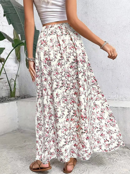 Women's Ditsy Floral Print Elastic Waist A-Line Bohemian Chic Skirt, Boho High-Waisted Long Skirt for Beach Vacation, Ladies Spring Clothes, Fall Aesthetic Skirt, Womenswear