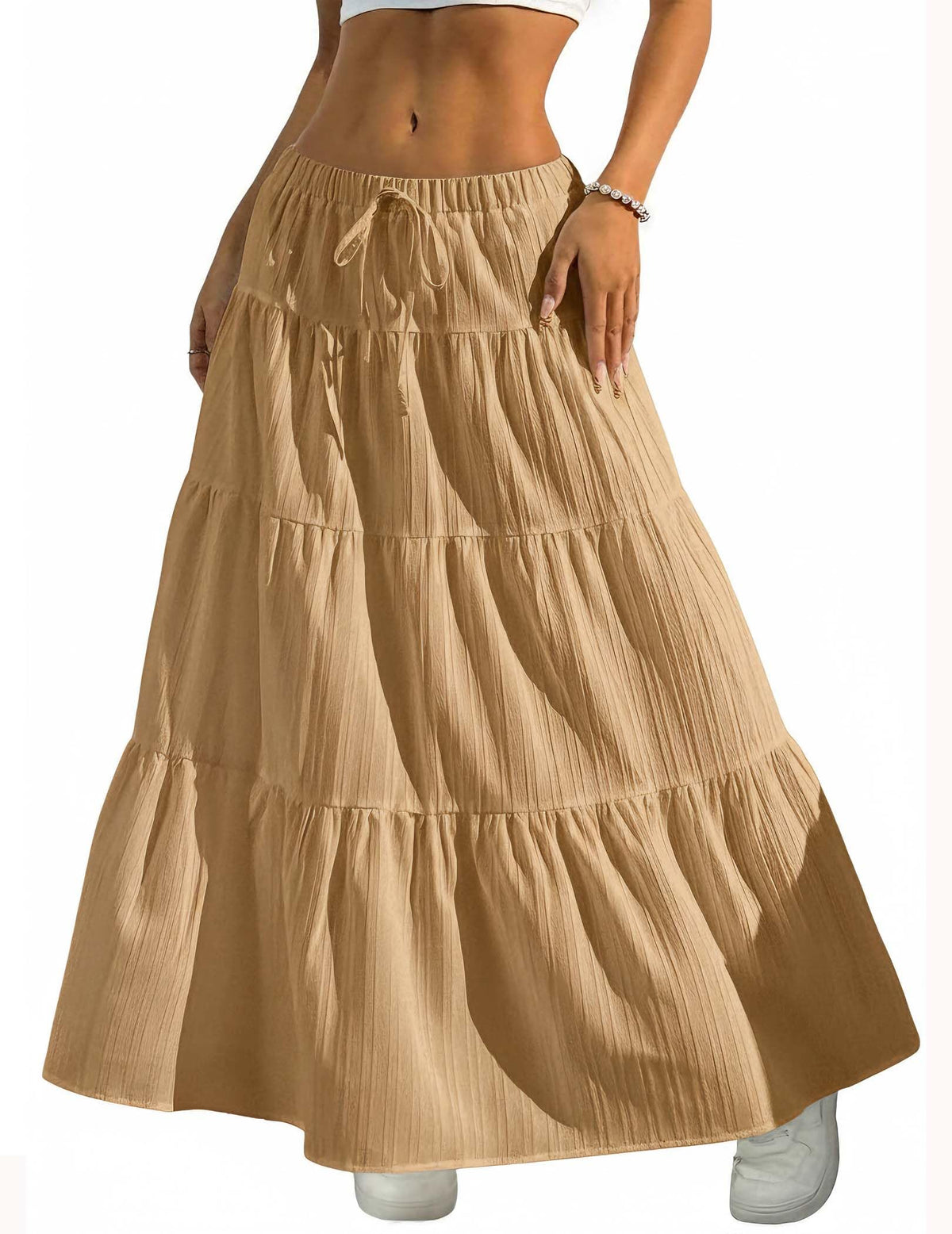 DERAX Women's Boho Flowy White Maxi Skirt Ruffle Elastic Waist Long Skirts