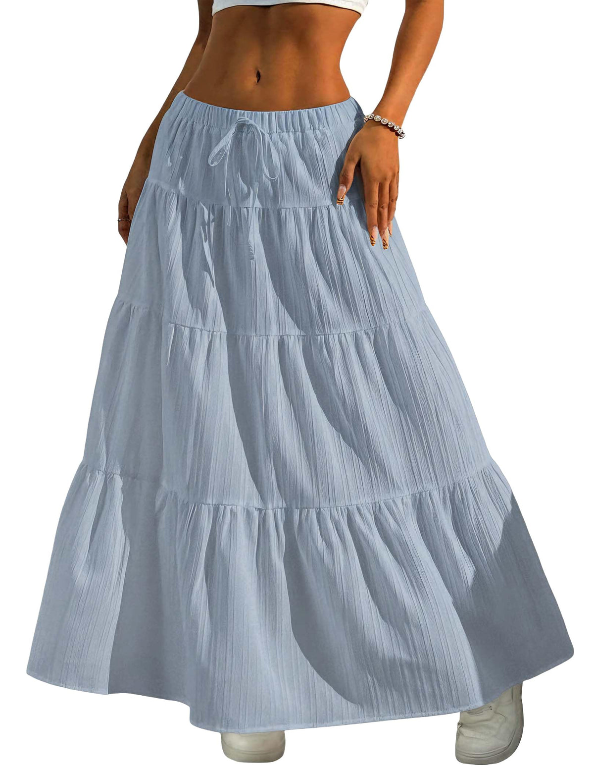 DERAX Women's Boho Flowy White Maxi Skirt Ruffle Elastic Waist Long Skirts