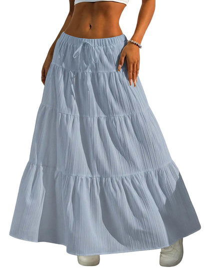 DERAX Women's Boho Flowy White Maxi Skirt Ruffle Elastic Waist Long Skirts