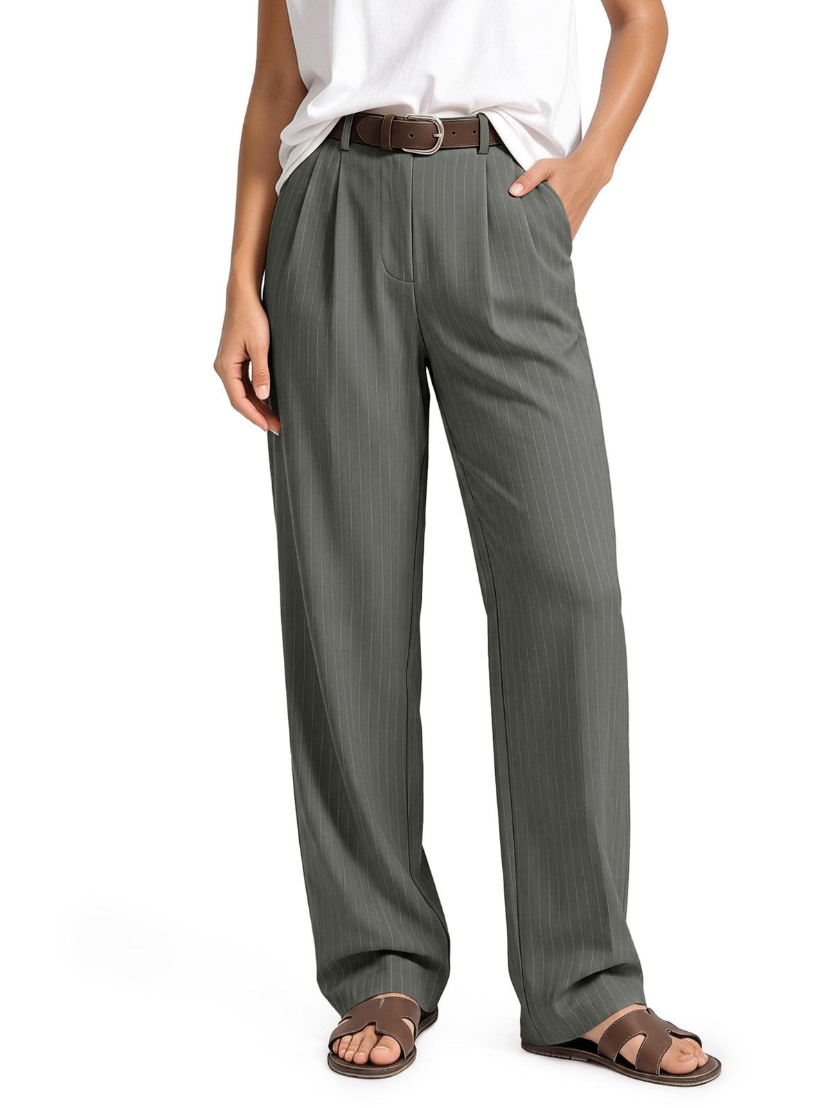 ODODOS Women's High-Rise Wide Leg Trousers, Adjustable Tailored Stretch Work Pants with Pockets, 29" /31" /33" Inseam