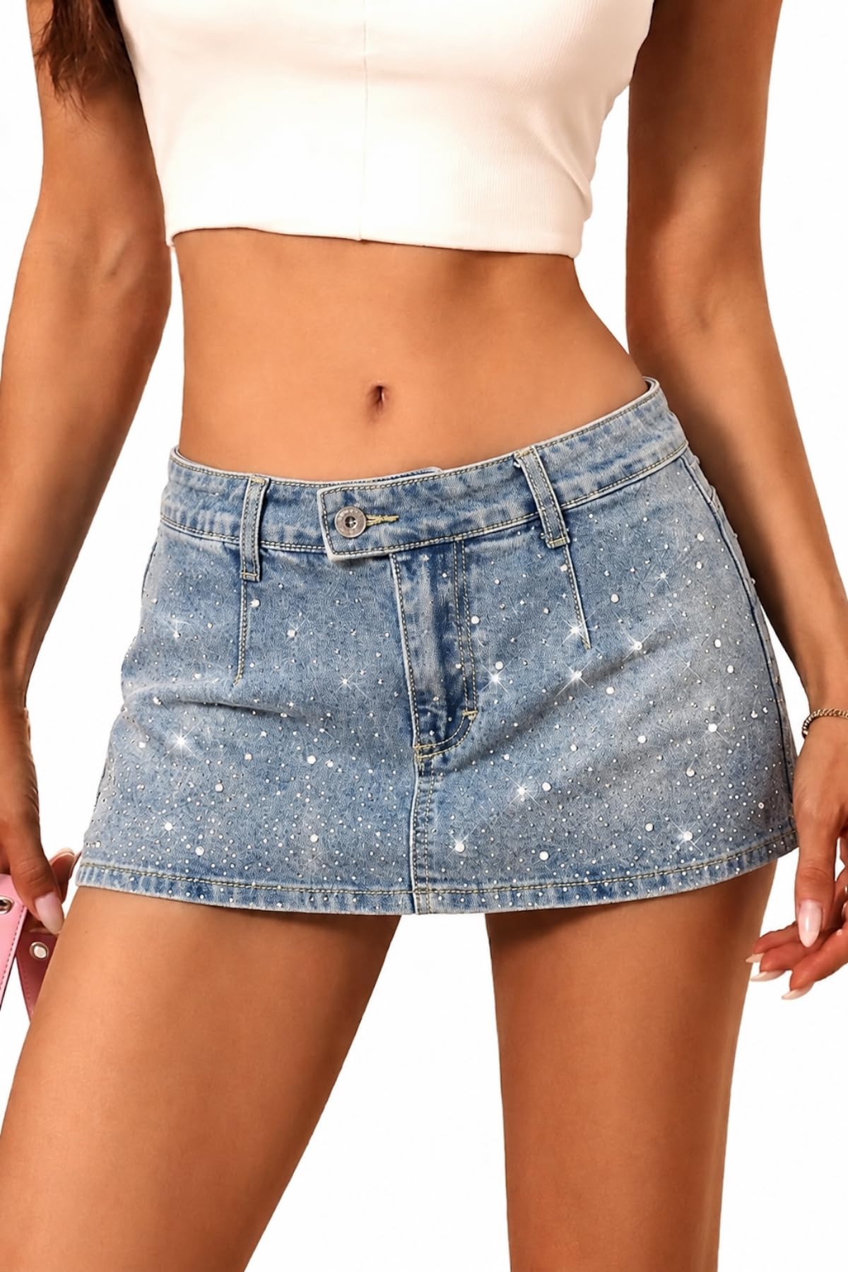 ELLEVEN Womens Low Rise Denim Mini Skirt, Jean Skirt with Shorts Underneath
