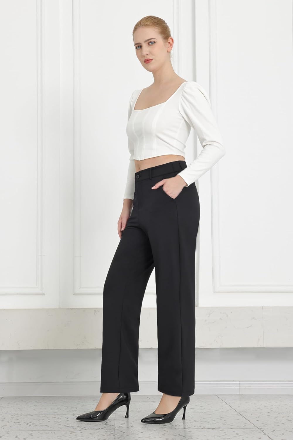 Bamans Womens Wide Leg Dress Pants Work Business Office Pull On Slacks