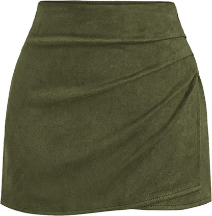 BTFBM Faux Suede Mini Skirts for Women Ruched Wrap Skorts