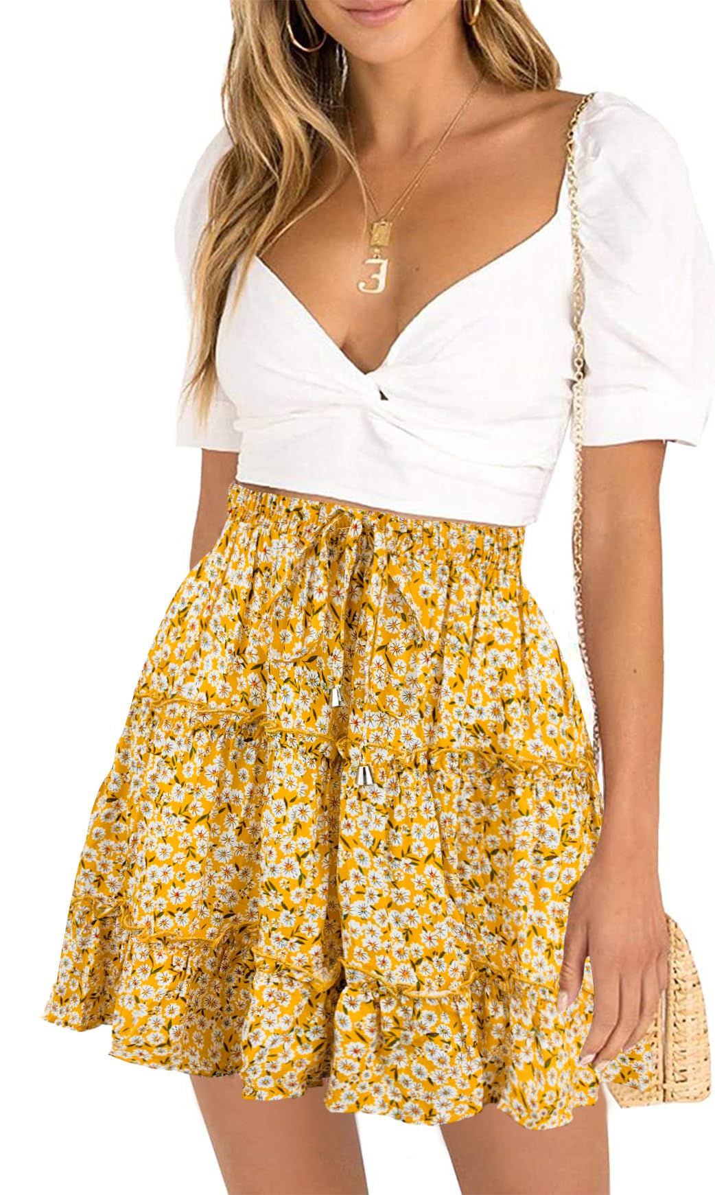 DooMoni Women's High Waisted Floral Mini Skirt Ruffle Summer Short Skirts
