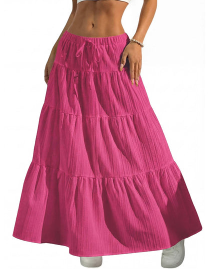 DERAX Women's Boho Flowy White Maxi Skirt Ruffle Elastic Waist Long Skirts