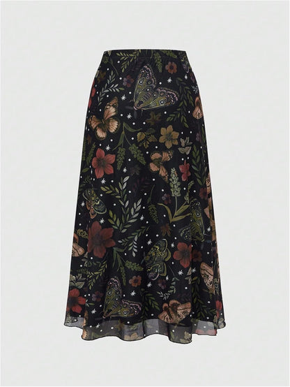 Milumia Women's Floral Mesh Midi Skirt Elastic A Line Whimsical Skirts