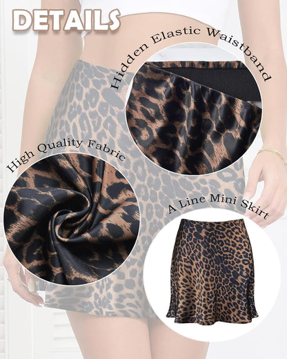 Women's Satin Mini Skirt Leopard Print High Waist Silk Short Skirts