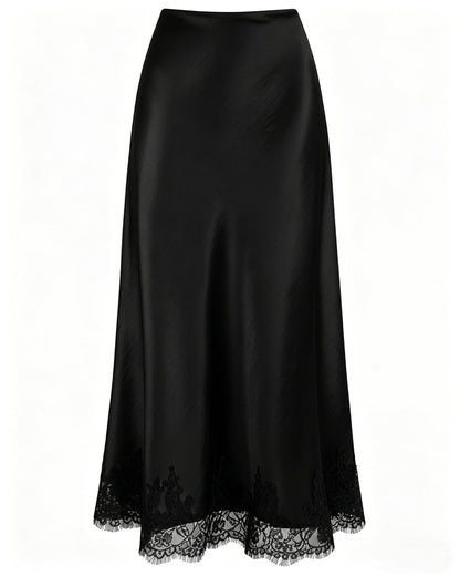VividMosaic Lace Trim Satin Midi Skirt High Waisted Long Skirt for Women