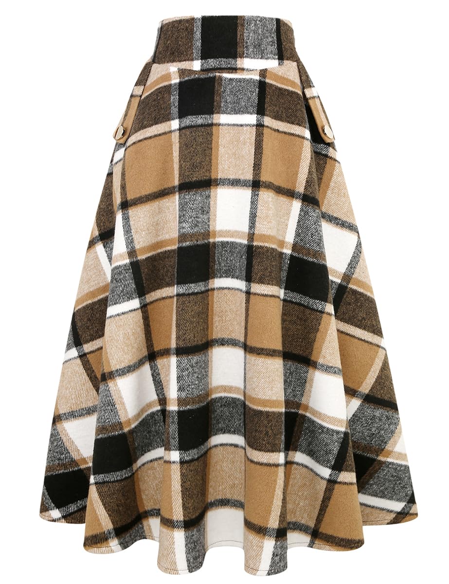 IDEALSANXUN Women’s Fall Winter High Waisted Wool Plaid A-line Long Skirt