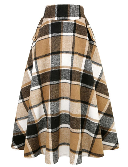 IDEALSANXUN Women’s Fall Winter High Waisted Wool Plaid A-line Long Skirt