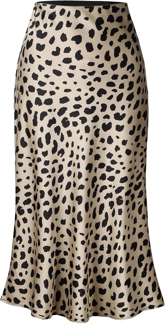 Keasmto Leopard Skirt for Women Midi Length High Waist Silk Satin Elasticized Cheetah Casual Ladies Skirts
